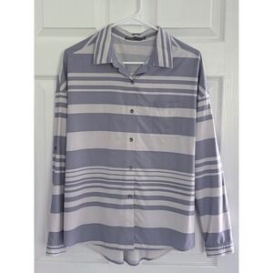 Prana Button Down Shirt S Blue White Striped Long Sleeve Pocket Top